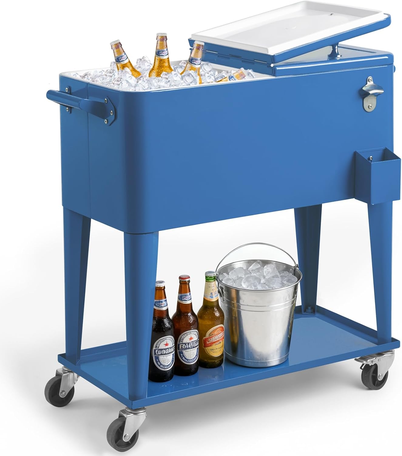 Outvita 80 Quart Rolling Ice Chest, Portable Bar Drink Cooler with Catch Basin, Bottom Storage Tray and Bottle Opener for Patio Party BBQ Beach Activities