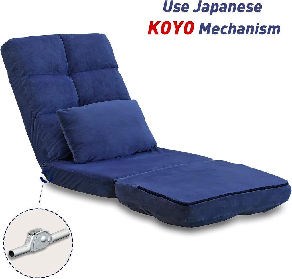 Indoor Chaise Lounge Sofa, Floor Chair with Back Support for Adults, 14 Angle Adjustment Recliner Chair, Folding Floor Lounger with Pillow 8823(Blue)