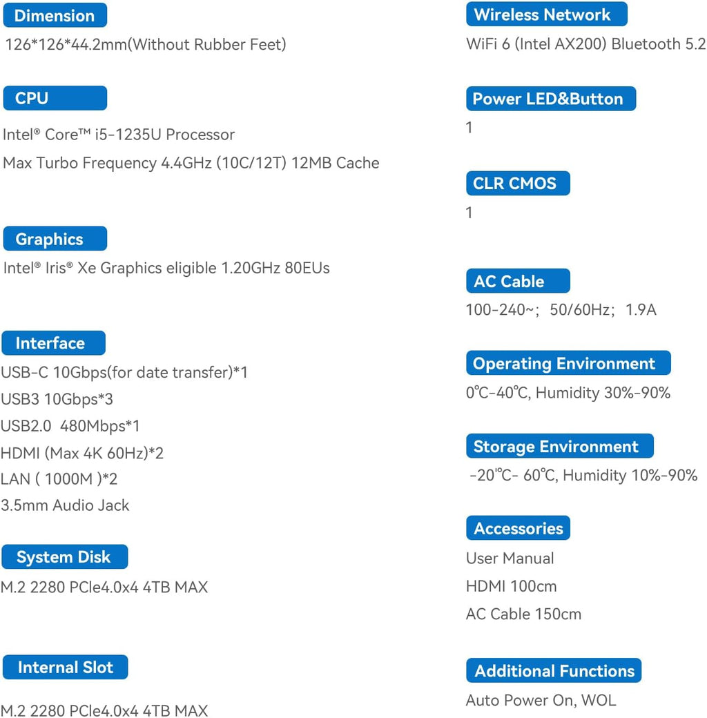 Beelink EQI Mini PC W-11 Pro i5-1235U 16GB DDR4 500GB NVMe M.2 SSD Dual Display 4K@60Hz Output, Wi-Fi 6, RJ45, Built in PSU Office Mini Computer