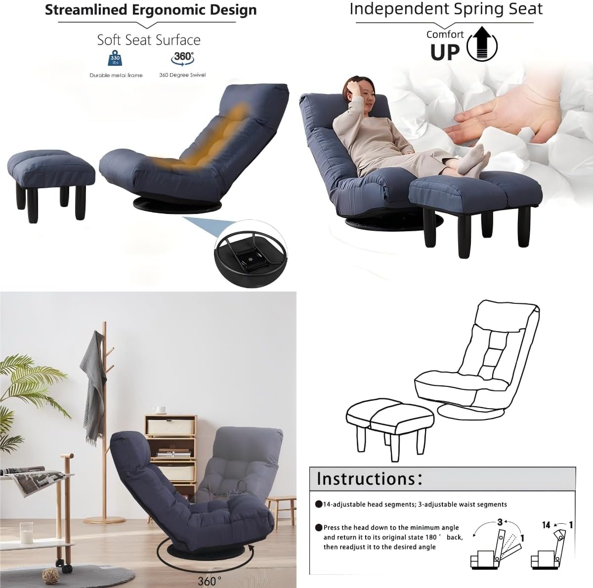 360° Swivel Floor Gaming Chair, Floor Chair, 14 Adjustable Head Segments 3 Waist Segments, Ergonomic Recliner for Gaming Reading Living Room, Includes Footrests (Navy)