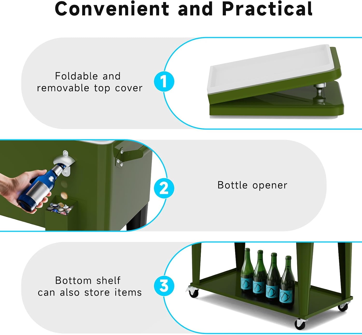 80 Quart Rolling Ice Chest Cart, Portable Outdoor Beverage Cooler with Bottle Opener & Cap Collector & Storage Shelf for Patio Party & BBQ & Beach Activities(Green)