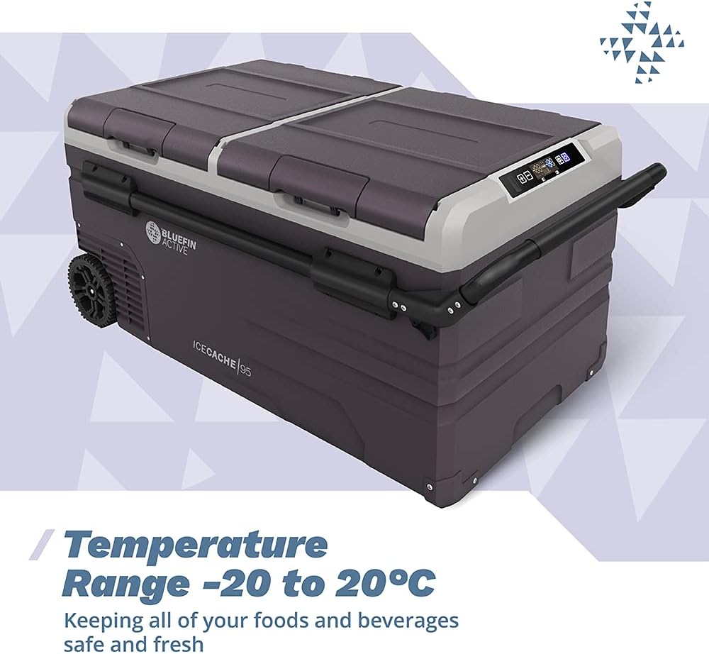 Bluefin Active Ice Cache 95L | Portable Travel Fridge | Advanced Cooling & Freezing Technology | Energy Efficient Charging | Dual Storage Compartments | Smartphone App Control | LCD | AC & DC