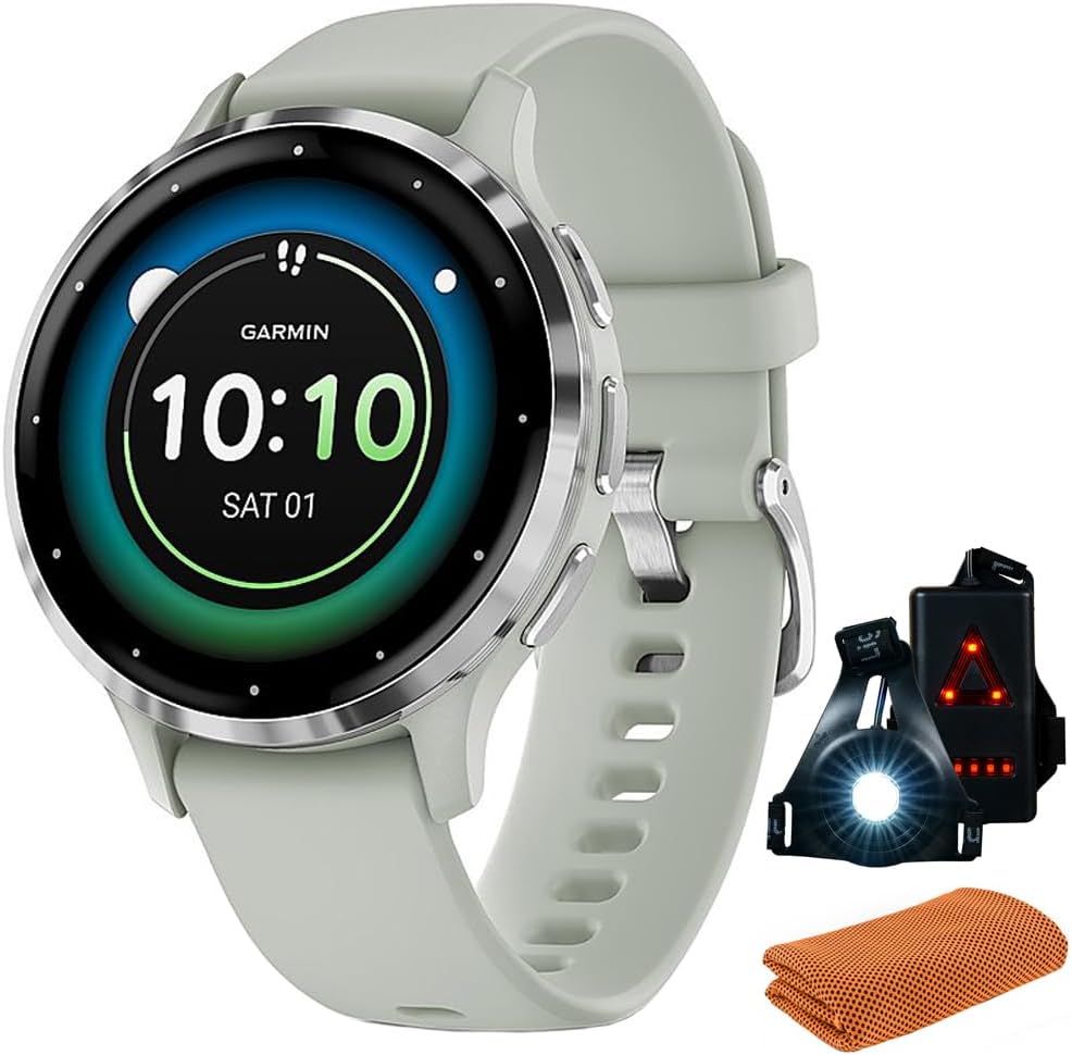 Garmin 010-02785-01 Venu 3S Health Fitness GPS Smartwatch Steel Bezel with Sage Gray Case (41mm) | Official USA Partner Model | Bundle with Towel, Deco Essentials Commuter Front, Rear Safety Light
