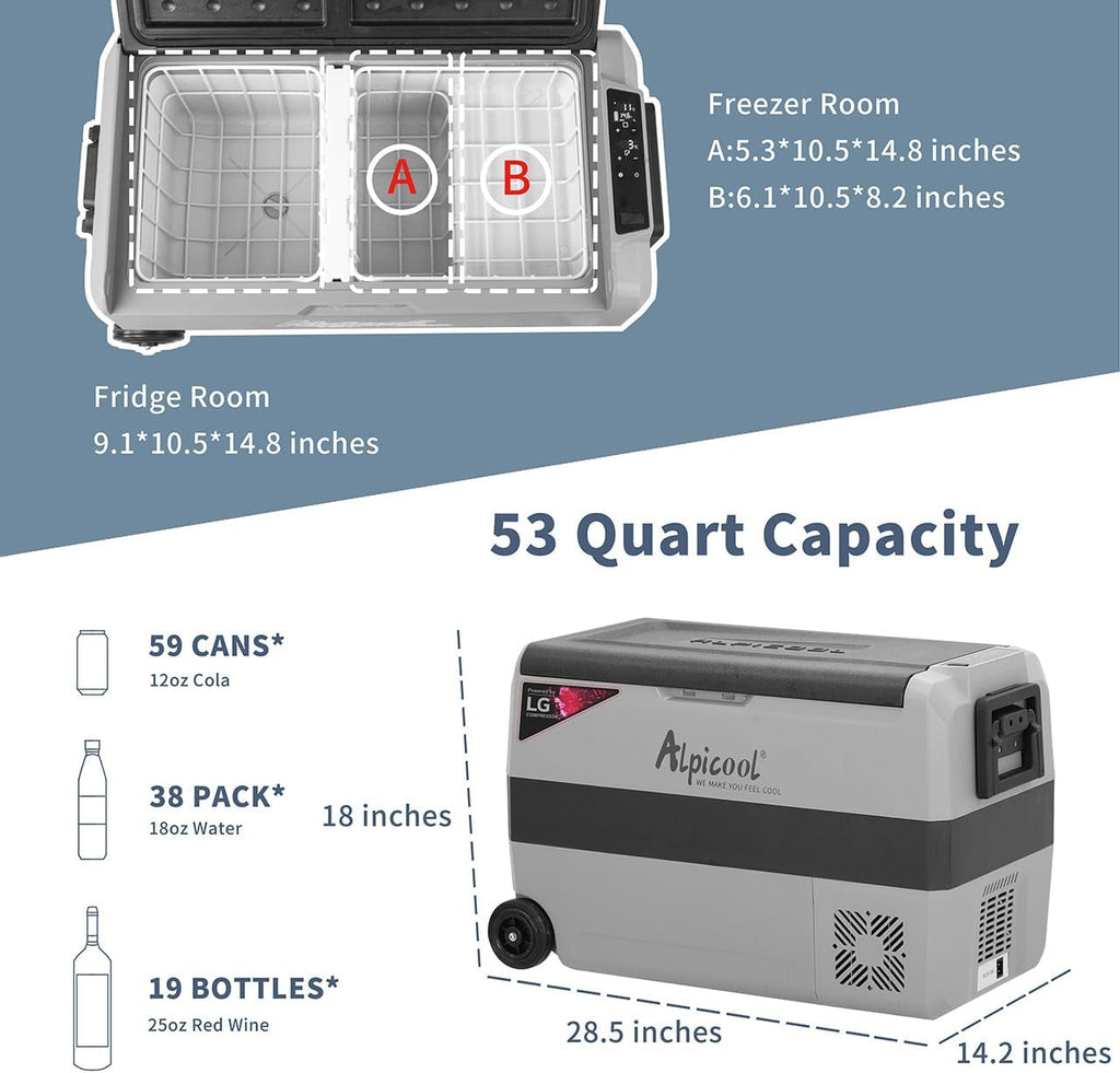 Alpicool LGT50 Dual Temperature Control 12 Volt Refrigerator 53 Quart Portable Car Fridge Freezer (-4°F~68°F) for Truck, RV, Boat, Camping and Travel