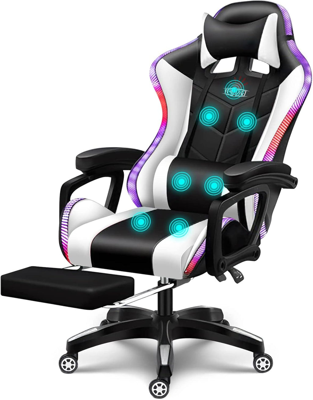 RGB Computer Chair with Footrest Massage Gaming Chair with Speakers Music Video Game Chair with Lumbar Pillow Support and Headrest High Back Gamer Chair Office Chair for Office or Gaming,White