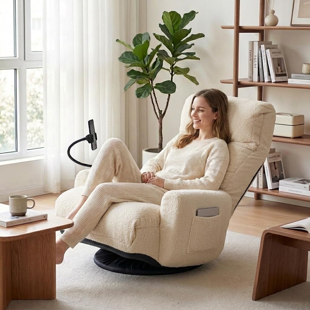 Gaming Chair Floor Sofa, Gaming Lounge Chair with 14-Section Head & 3-Section Waist Adjustment, 360° Swivel & Spring Seat for Gaming, Napping, Reading, Dorm, Small Apartment (Beige)