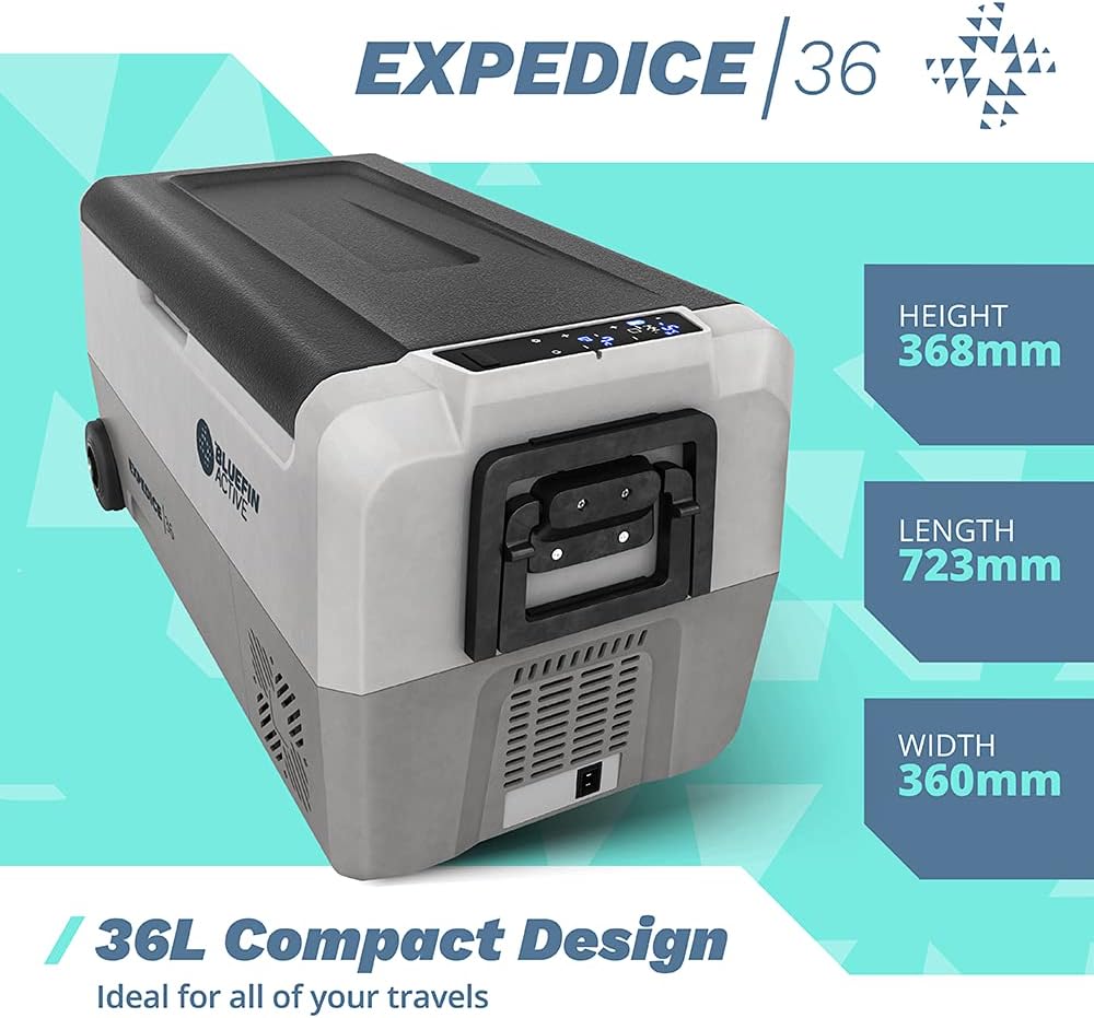 Bluefin Active Expedice 36L | Portable Travel Fridge | Advanced Cooling & Freezing Technology | Energy Efficient Charging | Dual Storage Compartments | Smartphone App Control | LCD Display | AC & DC