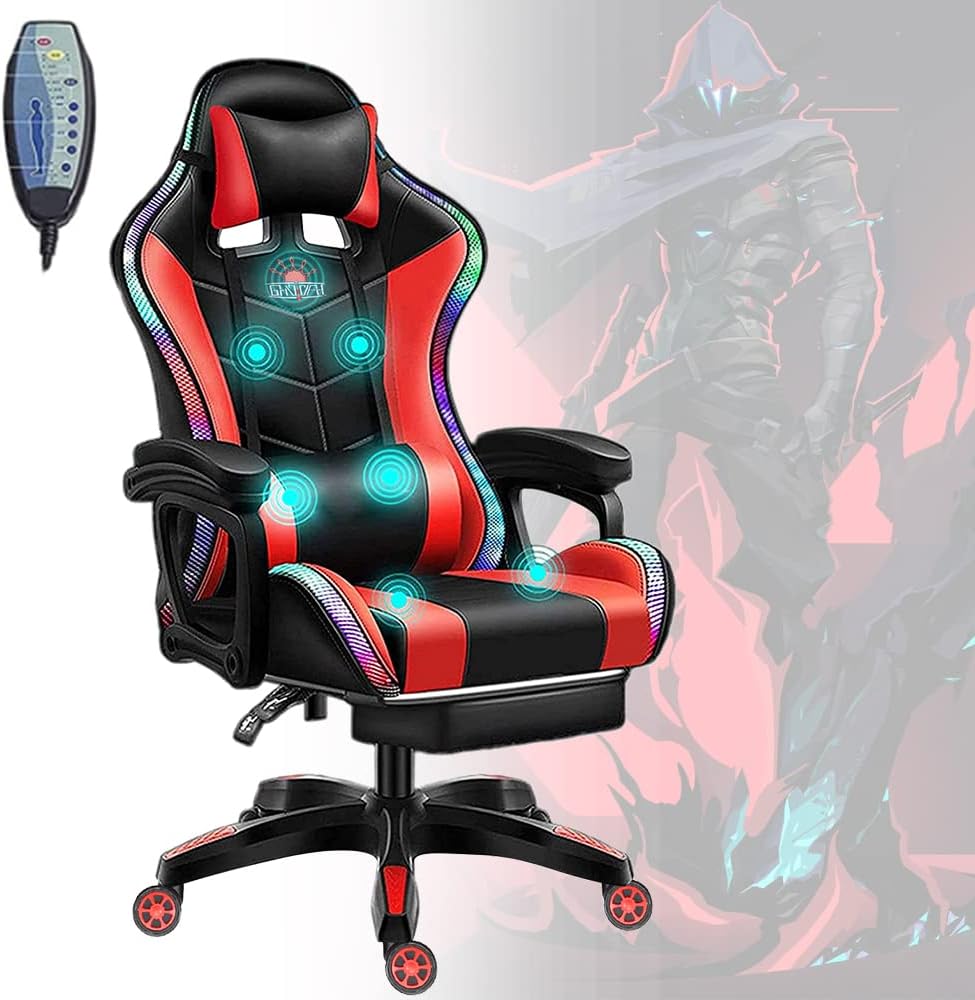 LED Lights Gaming Chair with Speakers, Ergonomic Video Office Chair with Massage, Computer Desk Chair with Headrest and Lumbar Support, College Dorm Essentials for Guys,Red