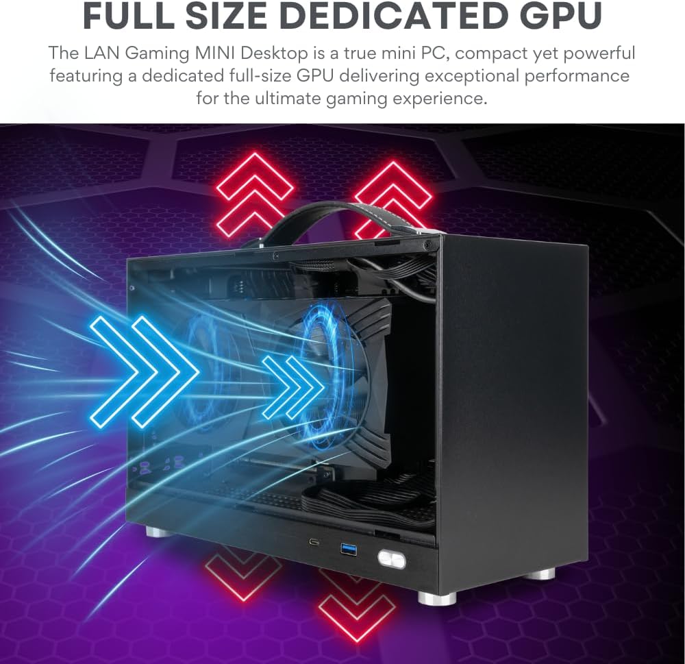 LAN Gamer 8.1L Mini ITX Desktop RTX 5070 Ti, AMD 8-Core Ryzen 7 9800X3D CPU, 32GB DDR5 RAM, 2TB Gen4 NVMe SSD, SFF PC w/Windows 11 Pro, 3-Year Warranty, RGB Keyboard+Mouse, Internal Wi-Fi 6E (Black)
