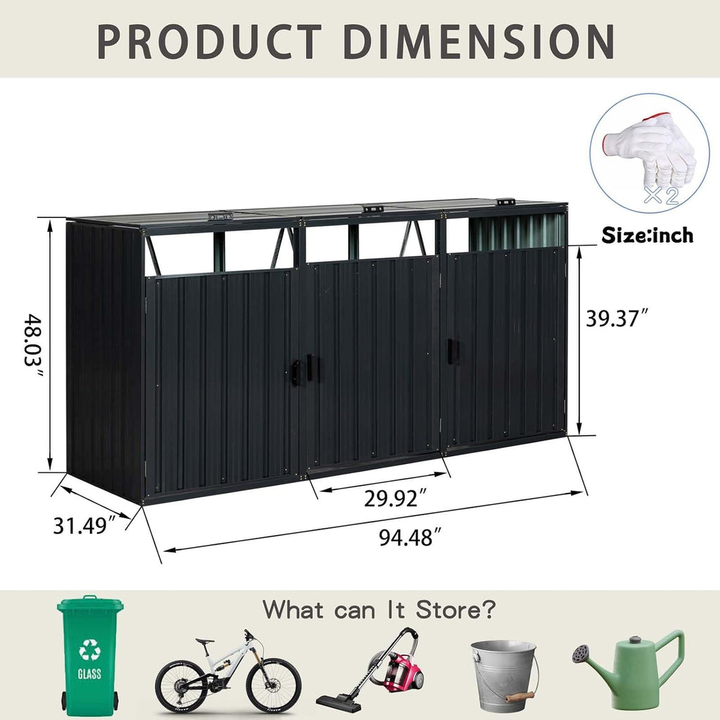 Outdoor Garbage Bin Storage Shed for 3 Trash Cans, Stainless Galvanized Steel Bin Shed with Lockable Doors, Metal Trash Can Hider for Garden Yard Lawn (Black)