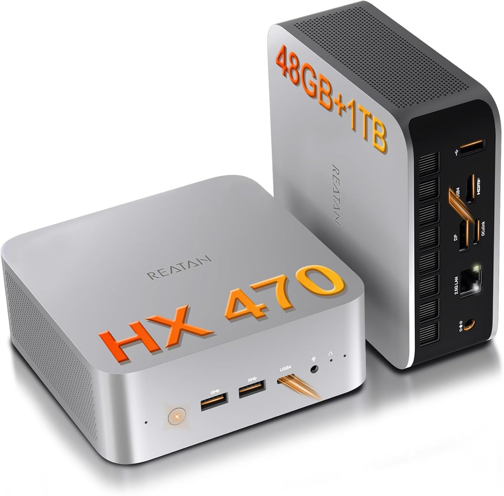 Reatan X8 Ryzen AI 9 HX 470 Mini PC(86 Tops,12C/24T up to 5.2GHz) 48GB DDR5 5600MHz 1TB PCIe 4.0 SSD, Radeon 890M, OCuLink/2xUSB4/DP,Quad 8K Display, 2.5G LAN, Wi-Fi 7/BT 5.4, AI/Dev/Creator/Gaming