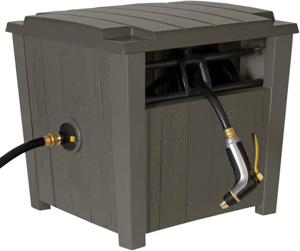 Suncast Farmington Weatherproof Smart-Tube Garden Hose Storage Container, Outdoor Hideaway Garden Hose Storage with Brass Connections, Stoney, 2 pack