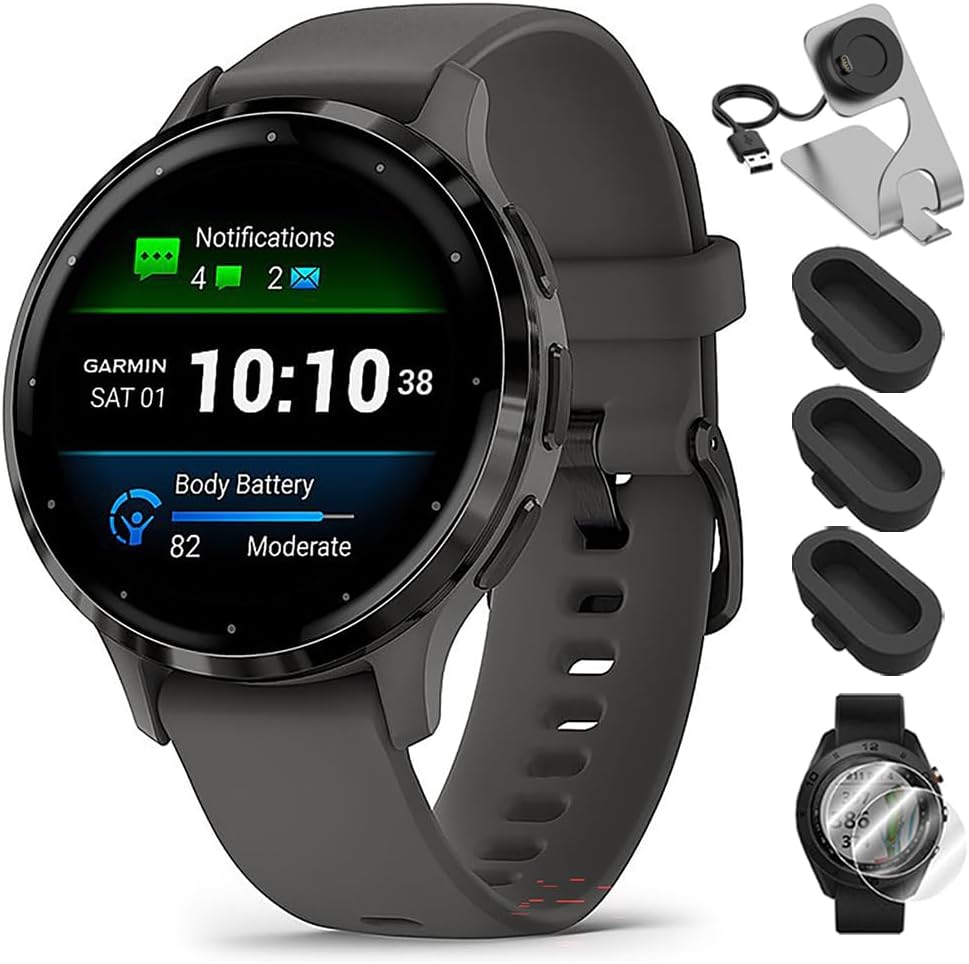 Garmin 010-02785-00 Venu 3S Health Fitness GPS Smartwatch Steel Bezel with Pebble Gray Case 41mm Bundle with Deco Essentials Charging Dock, Dust Cover 3 Pack and 2-Pack Screen Protector