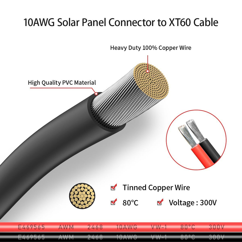 ELFCULB 10AWG 75FT XT60 Solar Cable 2 10 25 35 50 75 100FT XT60 Extension Cable Solar Panel Connector to XT60 Connector for Portable Power Station (75FT)