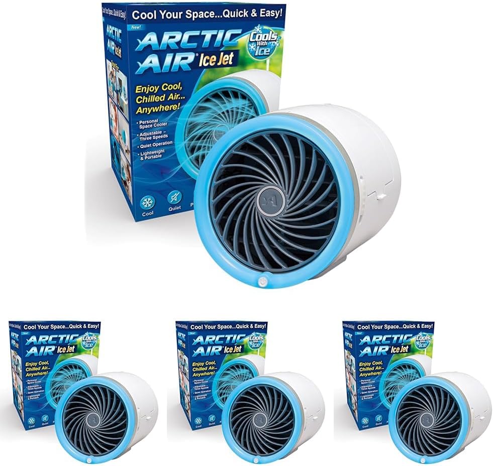 Arctic Air Ice Jet Personal Air Cooler, 3-Speed Room Cooler with Reusable Ice Packs, Portable Cooler with Multi-Directional Vent & 7 LED Lights, Whisper-Quiet Air Cooler for Room (Pack of 4)
