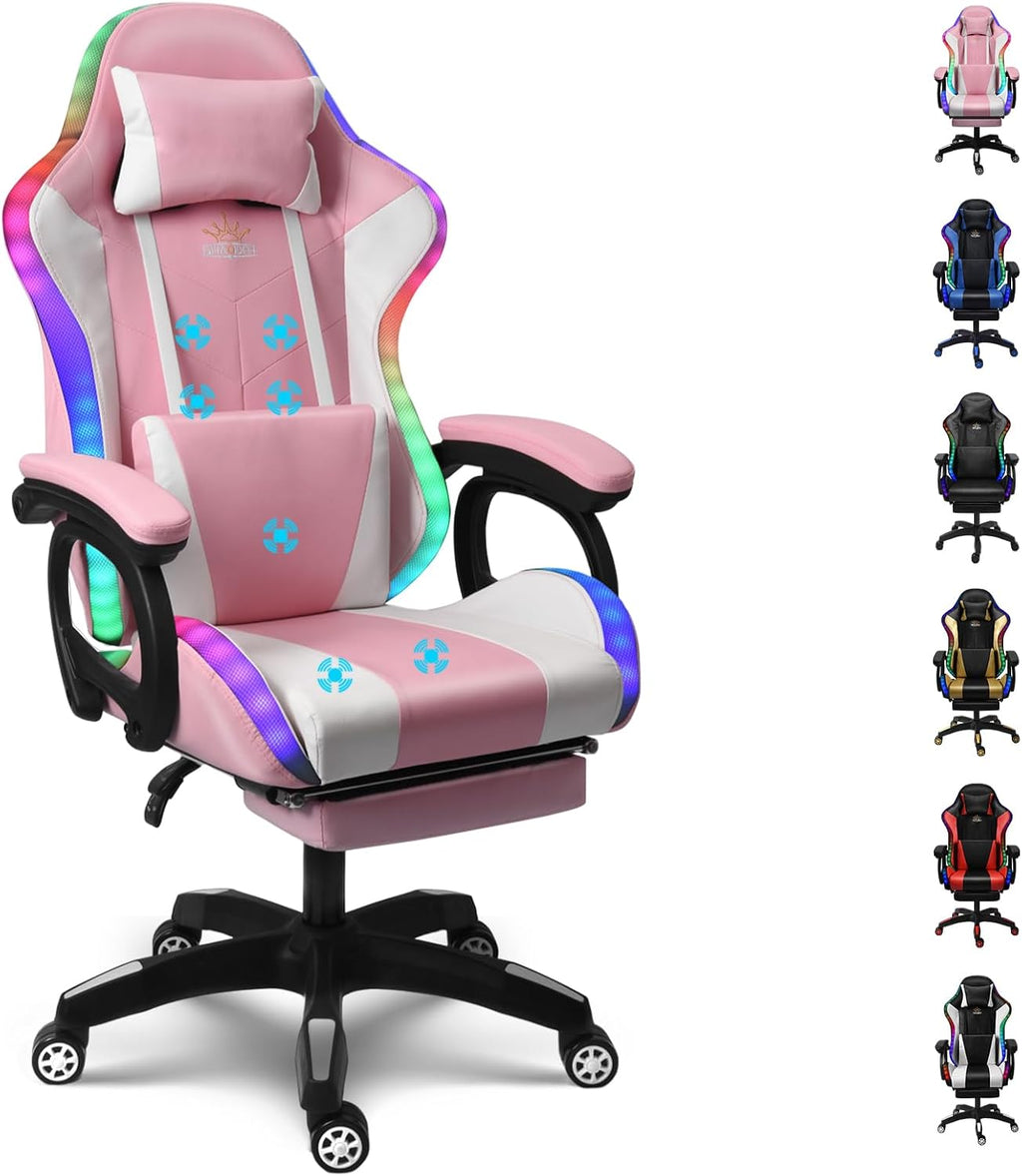 RGB Gaming Chairs with Speakers Ergonomic Massage Computer Chair, PU Leather Office Chair Adjustable Desk Chairs with Footrest, 360°Swivel Big and Tall Gamer Chair for Adults,Pink