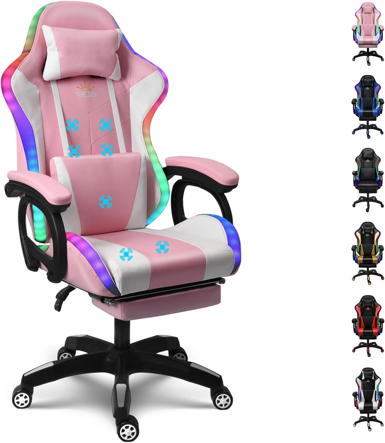 RGB Gaming Chairs with Speakers Ergonomic Massage Computer Chair, PU Leather Office Chair Adjustable Desk Chairs with Footrest, 360°Swivel Big and Tall Gamer Chair for Adults,Pink