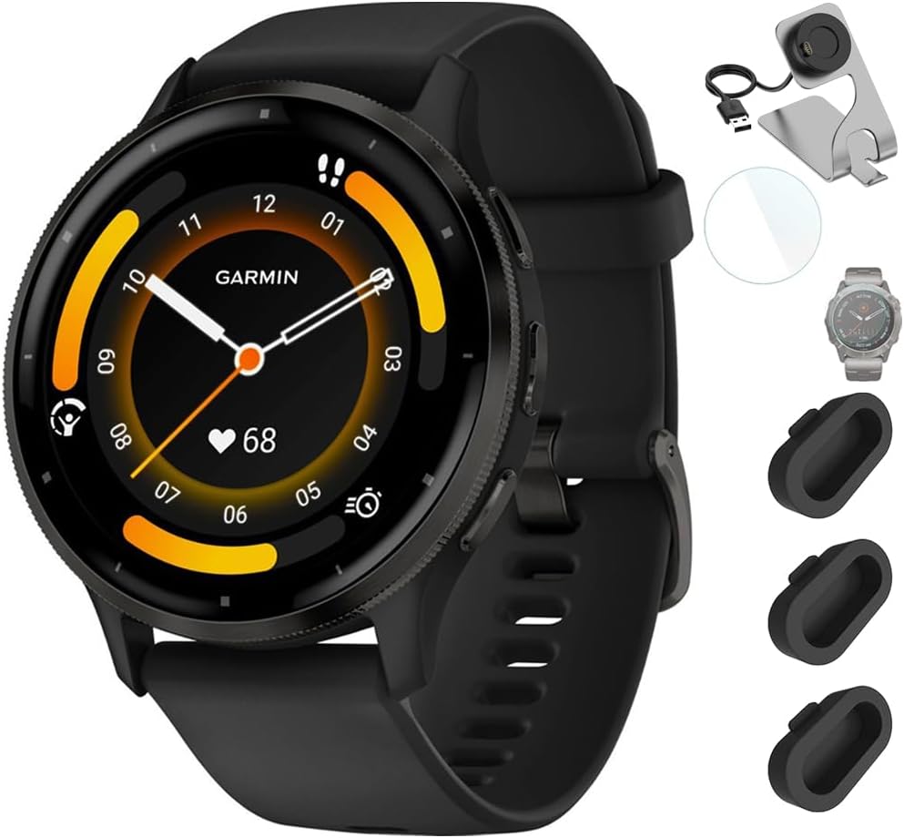 Garmin Venu 3 Health and Fitness GPS Smartwatch Steel Bezel w/Black Case (45mm) Bundle with Charging Dock Venu 3 + Deco Essentials Silicone Dust Cover - 3 Pack + 1.4 Inch Screen Protector