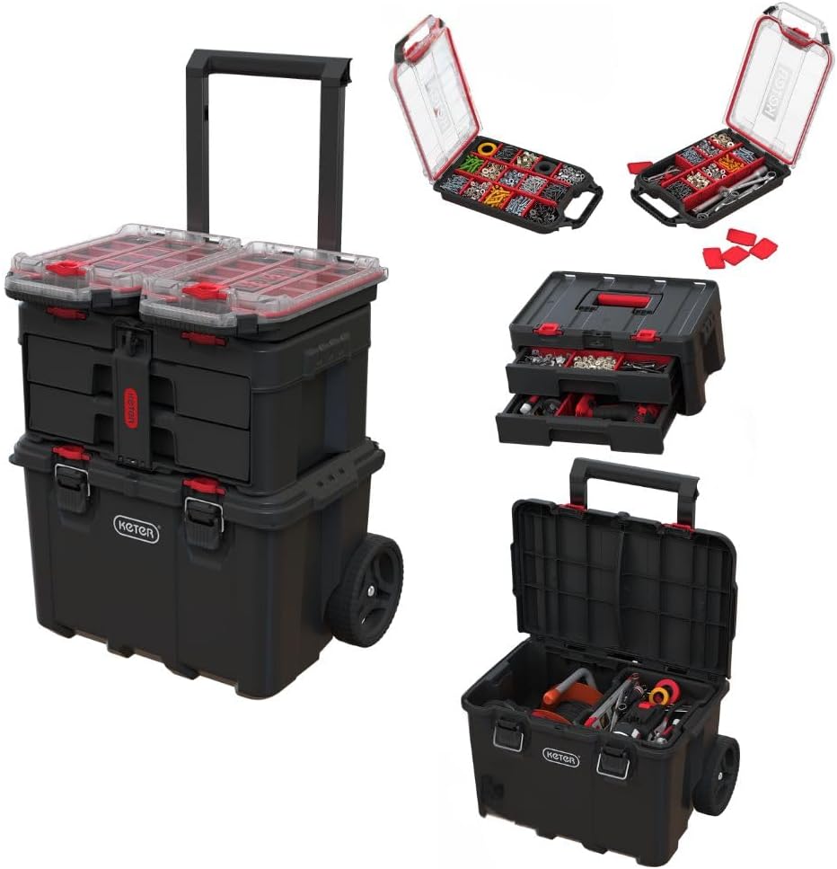 Stack N' Roll 4-Piece Rolling Tool Storage System – Includes Large Rolling Tool Box, 2-Drawer Tool Box & 2 Tray Organizers | Modular Stackable Tool Storage with Wheels for Garage & Workshop