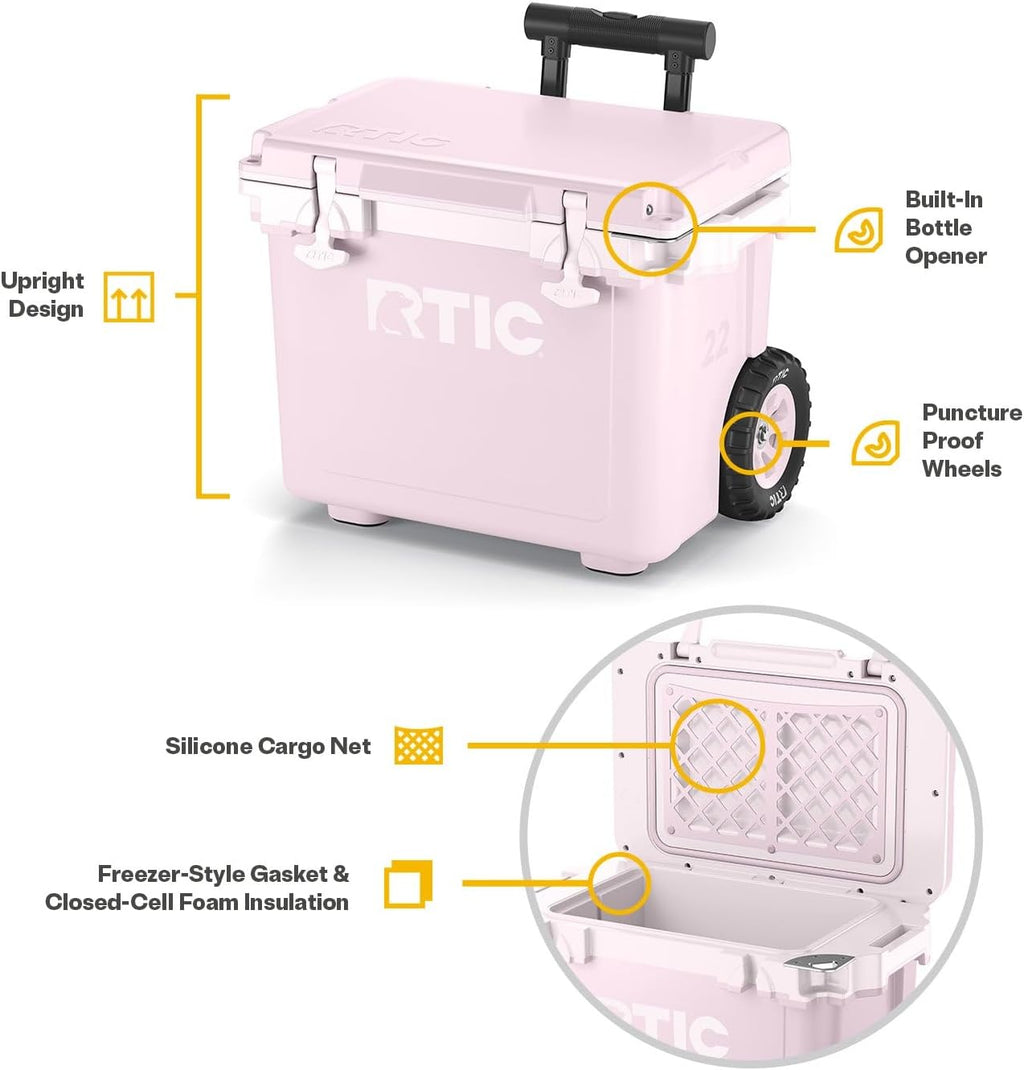 RTIC 22 QT Ultra-Light Wheeled Cooler with Handle, Hard Insulated Portable Ice Chest Box for Beach, Drink, Beverage, Camping, Picnic, Fishing, Boat, Barbecue