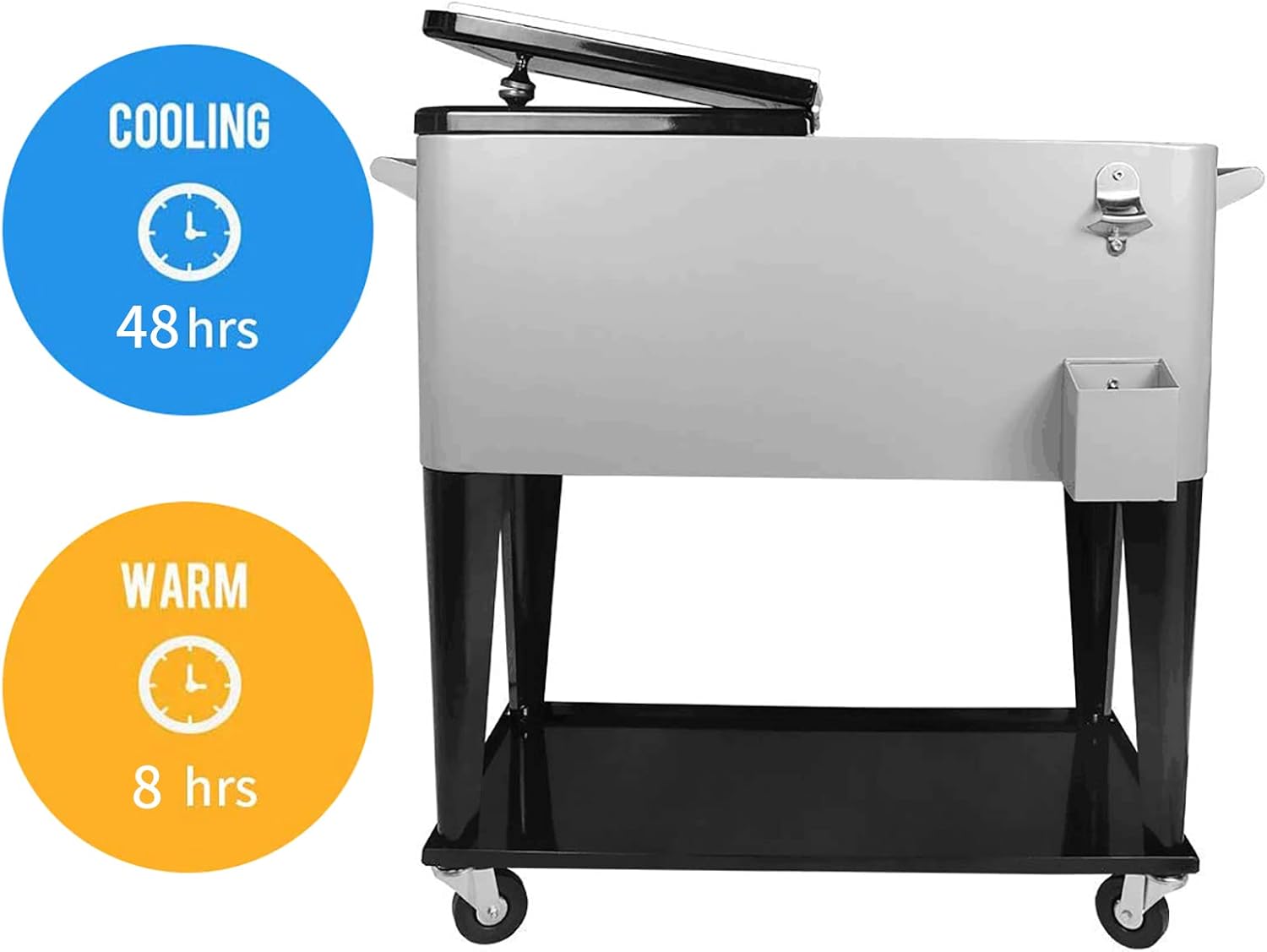80 Quart Rolling Ice Chest Cooler Cart,for Outdoor Patio Deck Party Portable Party Bar Cold Drink Beverage Cart, Backyard Cooler Trolley on Wheels with Shelf, Bottle Opener