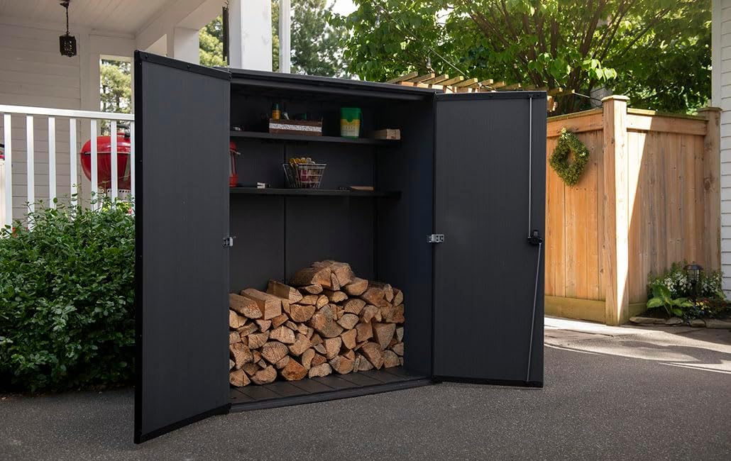Keter Signature Weatherproof Plastic Garden Cabinet with Metal Reinforcement 1400 Litre Storage Space Lockable Walnut Wood Design