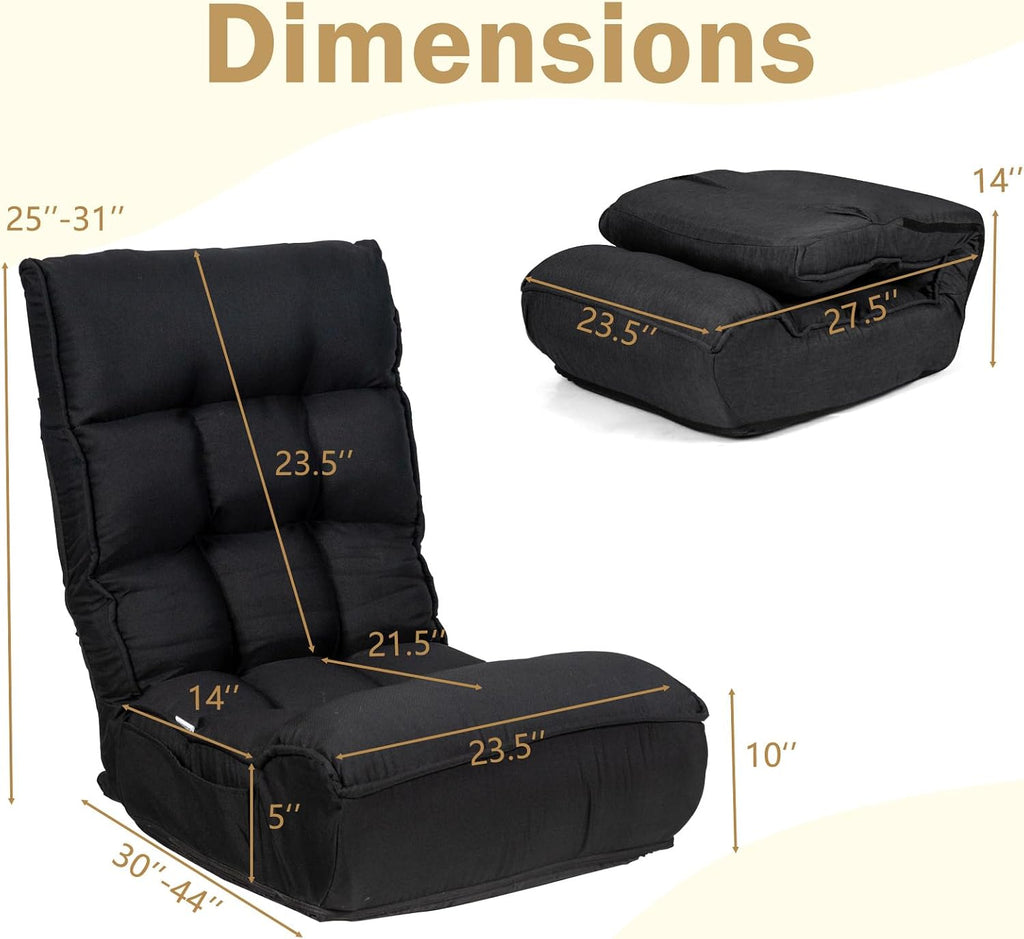 KOMFOTT Folding Floor Chair for Adults, Floor Gaming Chair with 5-Position Adjustable Headrest & 4-Position Adjustable Backrest, Side Pocket, Floor Seating Lazy Sofa for Reading, Meditating, Black