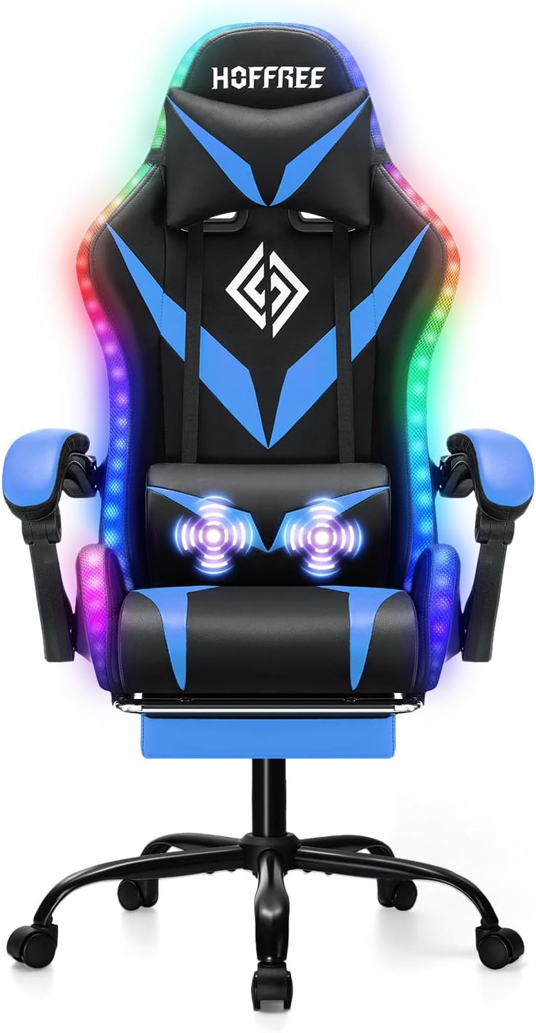 HOFFREE Gaming Chair with Massage and LED Lights Ergonomic Video Game Chairs with Footrest High Back Reclining Computer Chair with Adjustable Lumbar Support Blue and Black