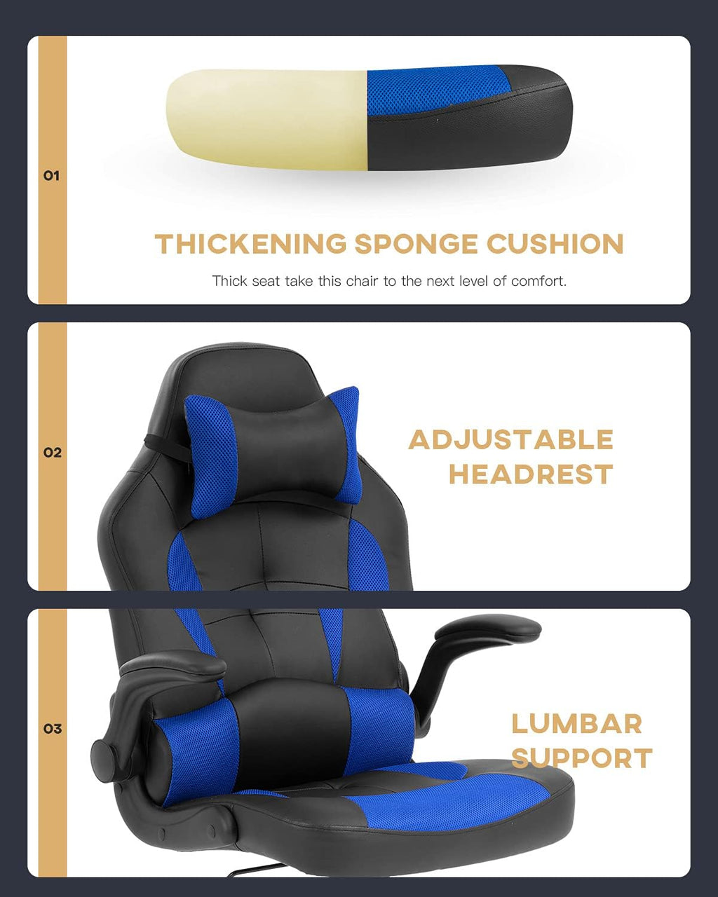 PC Gaming Chair Ergonomic Office Chair Computer Desk Chair with Armrests Headrest and Lumbar Support High Back PU Leather Executive Racing Chair for Home (Blue)