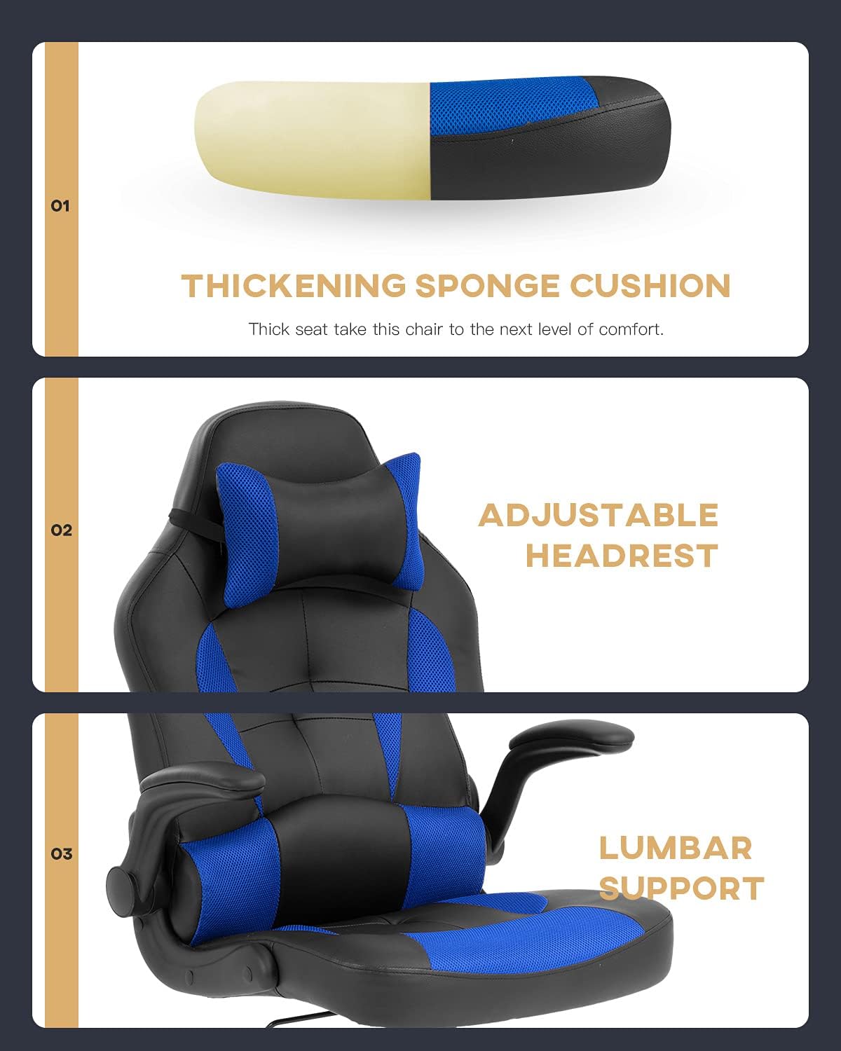 PC Gaming Chair Ergonomic Office Chair Computer Desk Chair with Armrests Headrest and Lumbar Support High Back PU Leather Executive Racing Chair for Home (Blue)