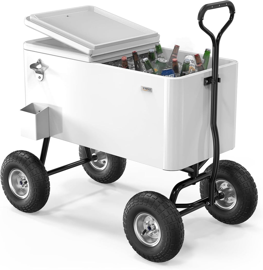 VINGLI 80 Quart Wagon Rolling Cooler Ice Chest, w/Long Handle and 10' Wheels, Portable Beach Patio Party Bar Cold Drink Beverage, Outdoor Park Cart on Wheels