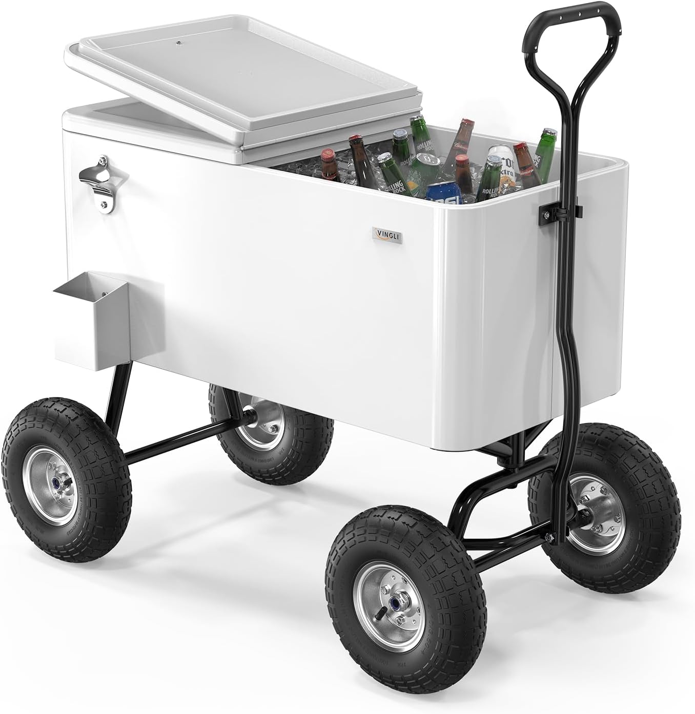 VINGLI 80 Quart Wagon Rolling Cooler Ice Chest, w/Long Handle and 10' Wheels, Portable Beach Patio Party Bar Cold Drink Beverage, Outdoor Park Cart on Wheels