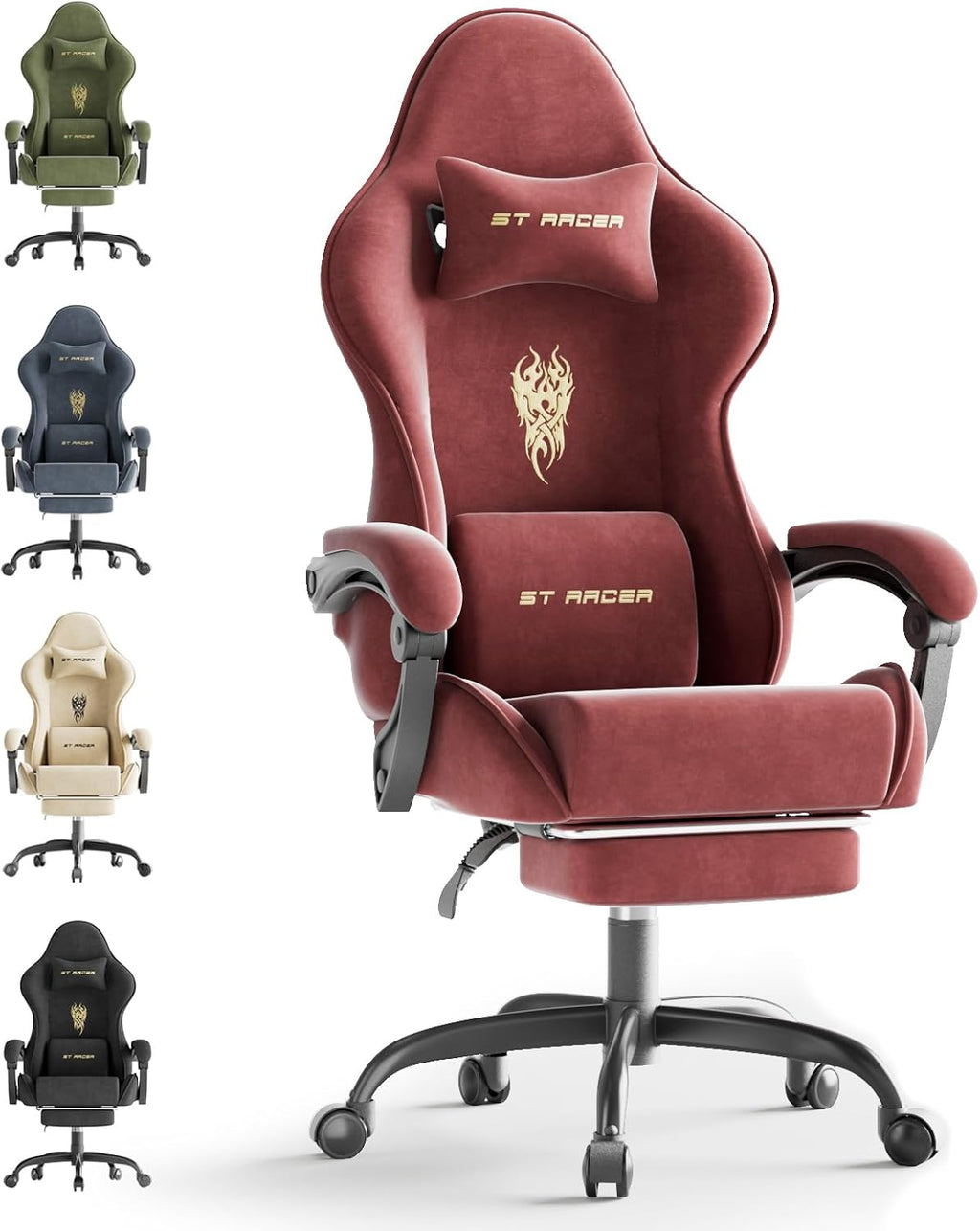Huracan Velvet Fabric Gaming Chair with Footrest for Adults, Ergonomic Gaming Chairs with Massage Lumbar, Reclining Racing Computer Chair with Spring Cushion for Home Office Video Game, Red