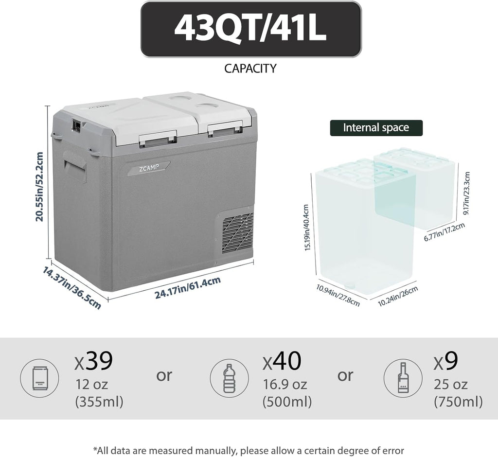 GES55 Portable Freezer,Dual Zone 12 Volt Car Refrigerator,43QT(41L) 12v cooler Fast Cooling Fridge, with 12/24V DC 100-240V AC for Camping, Outdoor, Travel, RV, Truck