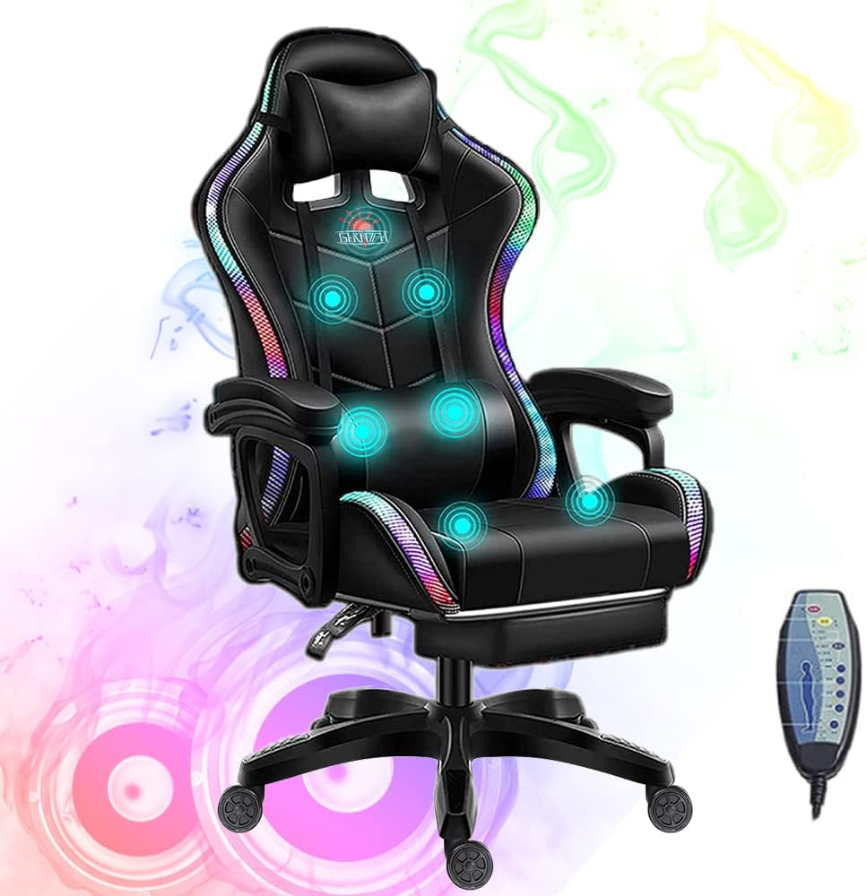 RGB Video Gaming Chairs with Speakers Ergonomic Pro Gaming Chair with Full Massage Lumbar Support and Retractible Footrest Adjustable Backrest Computer Chair High Back Recliner Chair,Black