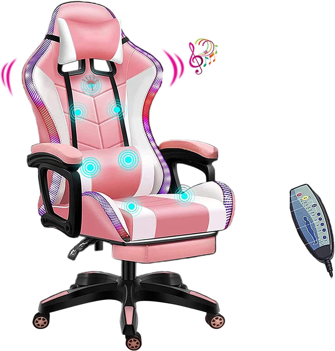 XOOFMASS Gaming Chair with Speakers Video Game Chair with RGB LED Lights Ergonomic Racing Office Chair, PU Leather Recliner Computer Chair Swivel E-Sports Chair with Armrest and Lumbar Support,Pink