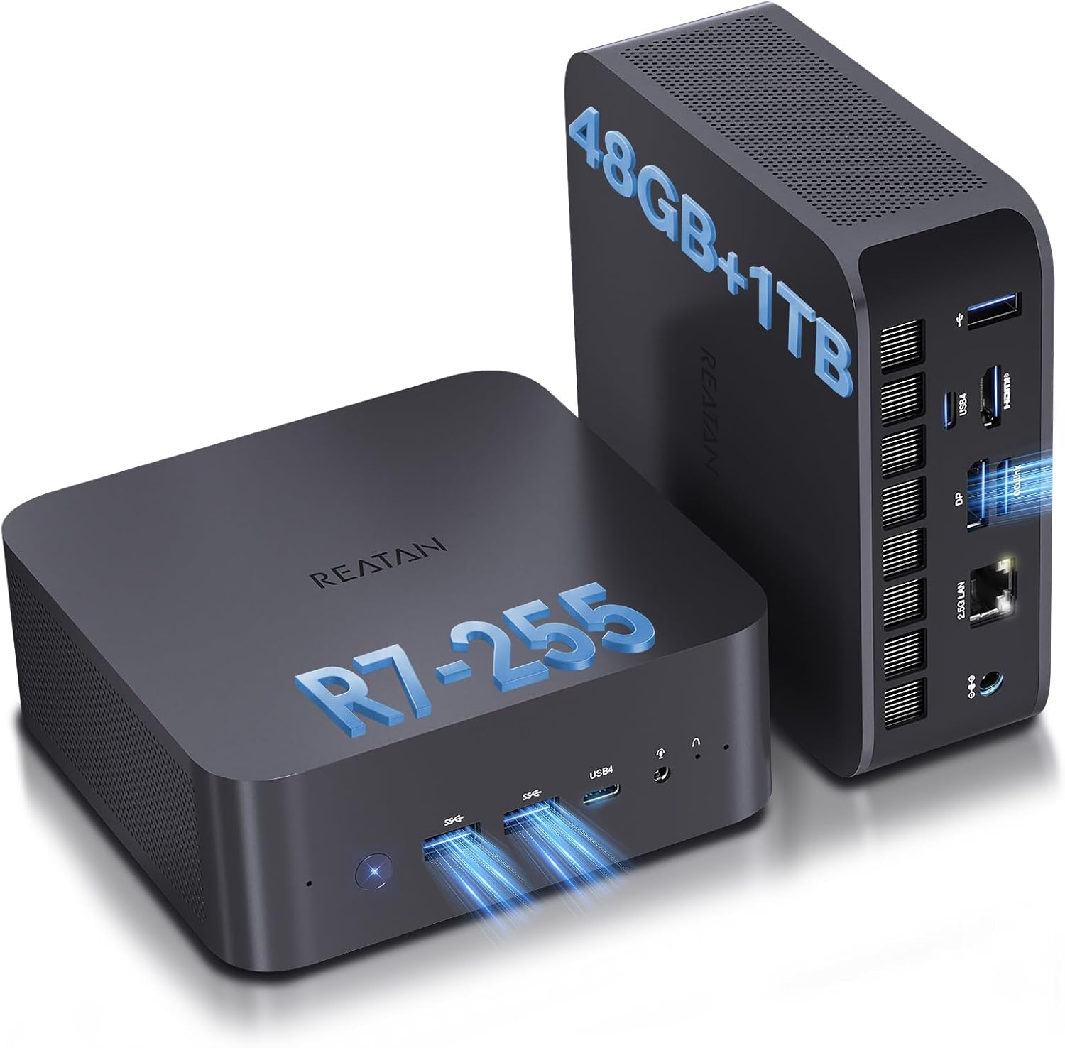Reatan Mini PC Gaming OCuLink Radeon 780M 2600 MHz AMD Ryzen 7 255(Upgraded 8745HS) 48GB DDR5 1TB SSD RAM, Mini Computers, Built-in Dual Speakers, 2.5Gbps LAN,HDMI 2.1, 8K USB 4.0 Wi-Fi 7/BT5.4