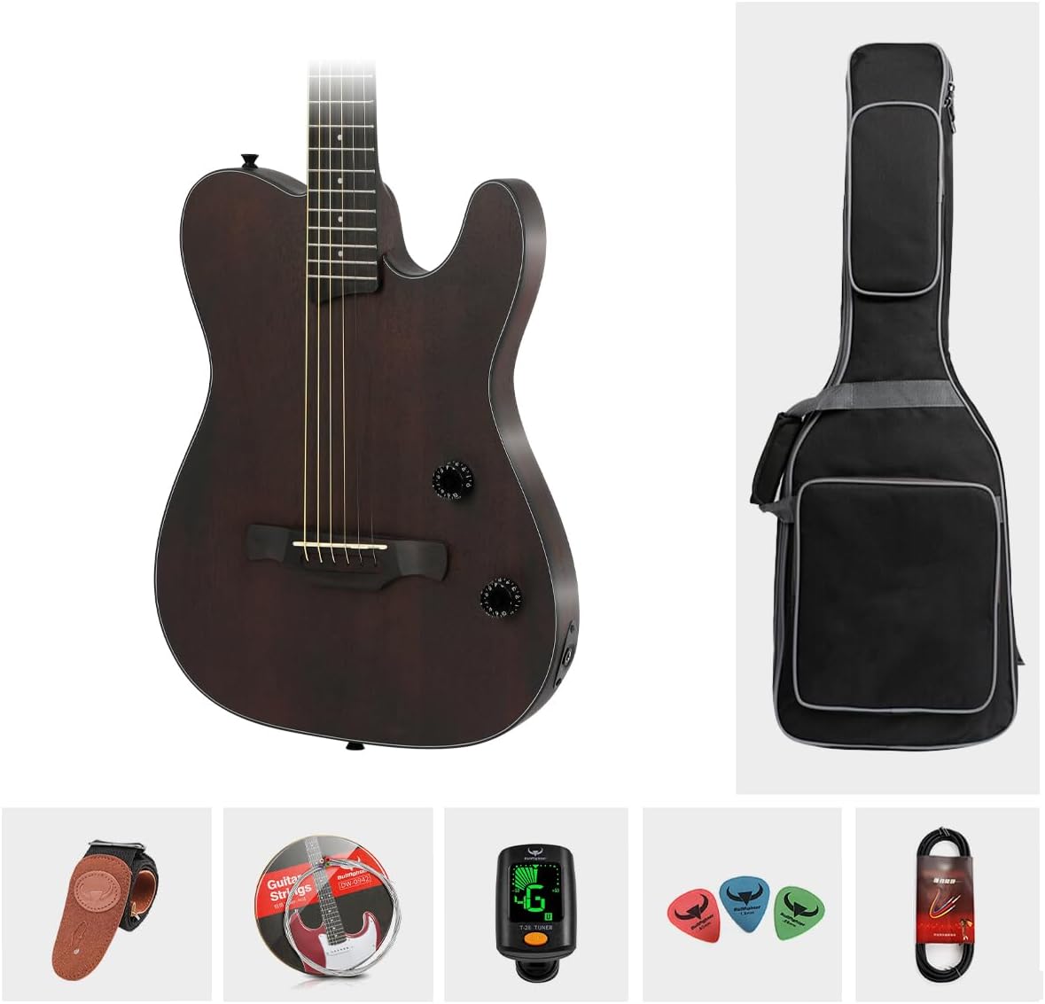 Bullfighter Silent Guitar Steel 6 String Travel Electronic Classical Portable Built in Pickups Steel Guitars Case Bag, Strap, Strings