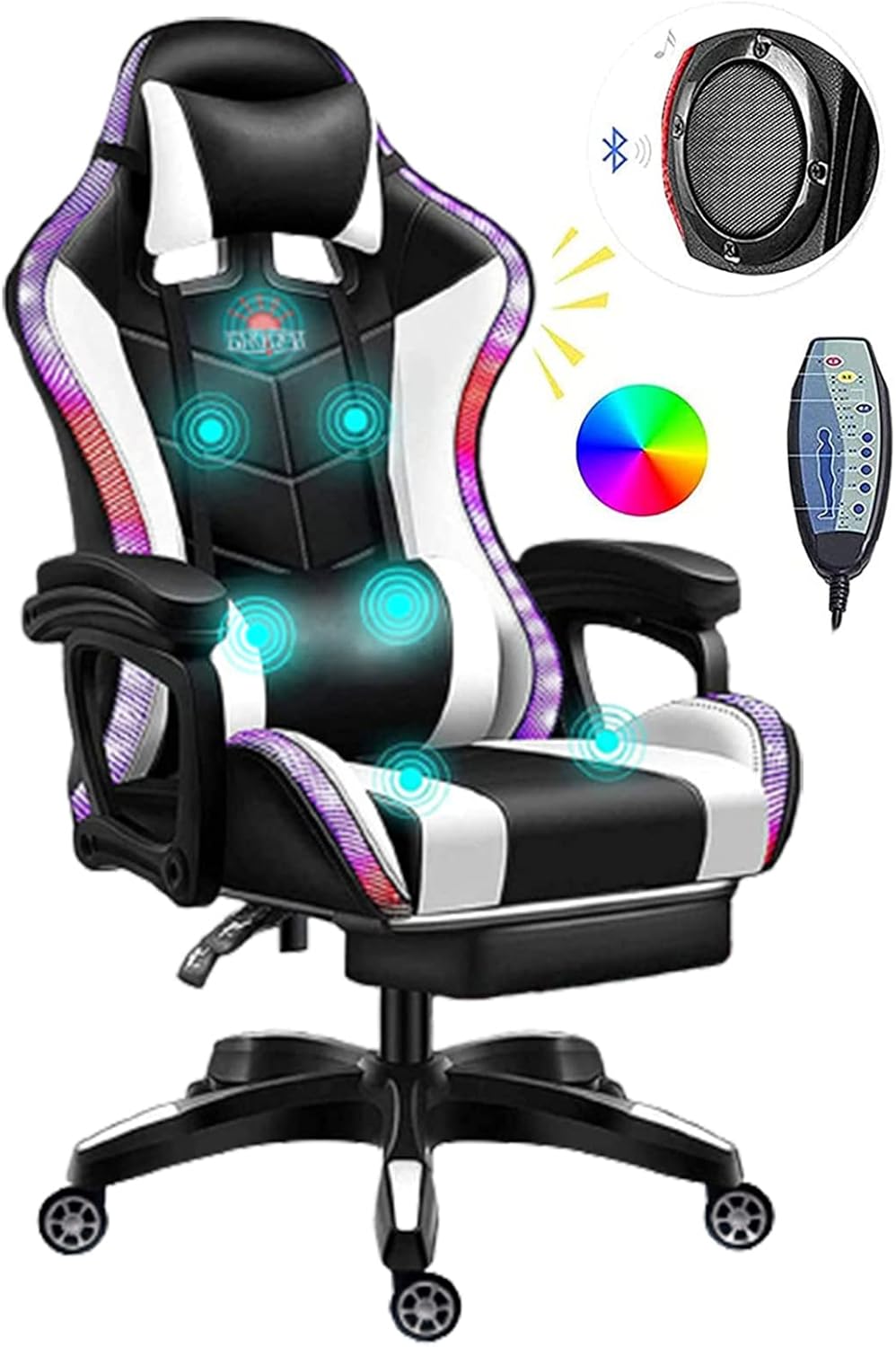 Massage Gaming Chair Racing Computer Desk Office Chair,with speakers and LED Linghts, with Headrest Lumbar Support footrest and Adjustable Armrests,360° Swivel 135° Reclining , 300LB Metal Base,White