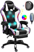 Massage Gaming Chair Racing Computer Desk Office Chair,with speakers and LED Linghts, with Headrest Lumbar Support footrest and Adjustable Armrests,360° Swivel 135° Reclining , 300LB Metal Base,White