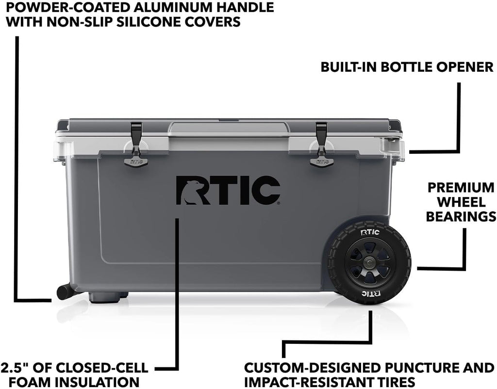 RTIC 72 Quart Ultra-Light Wheeled Cooler Hard Insulated Portable Ice Chest Box for Beach, Drink, Beverage, Camping, Picnic, Fishing, Boat, Barbecue, 30% Lighter Than Rotomolded Coolers