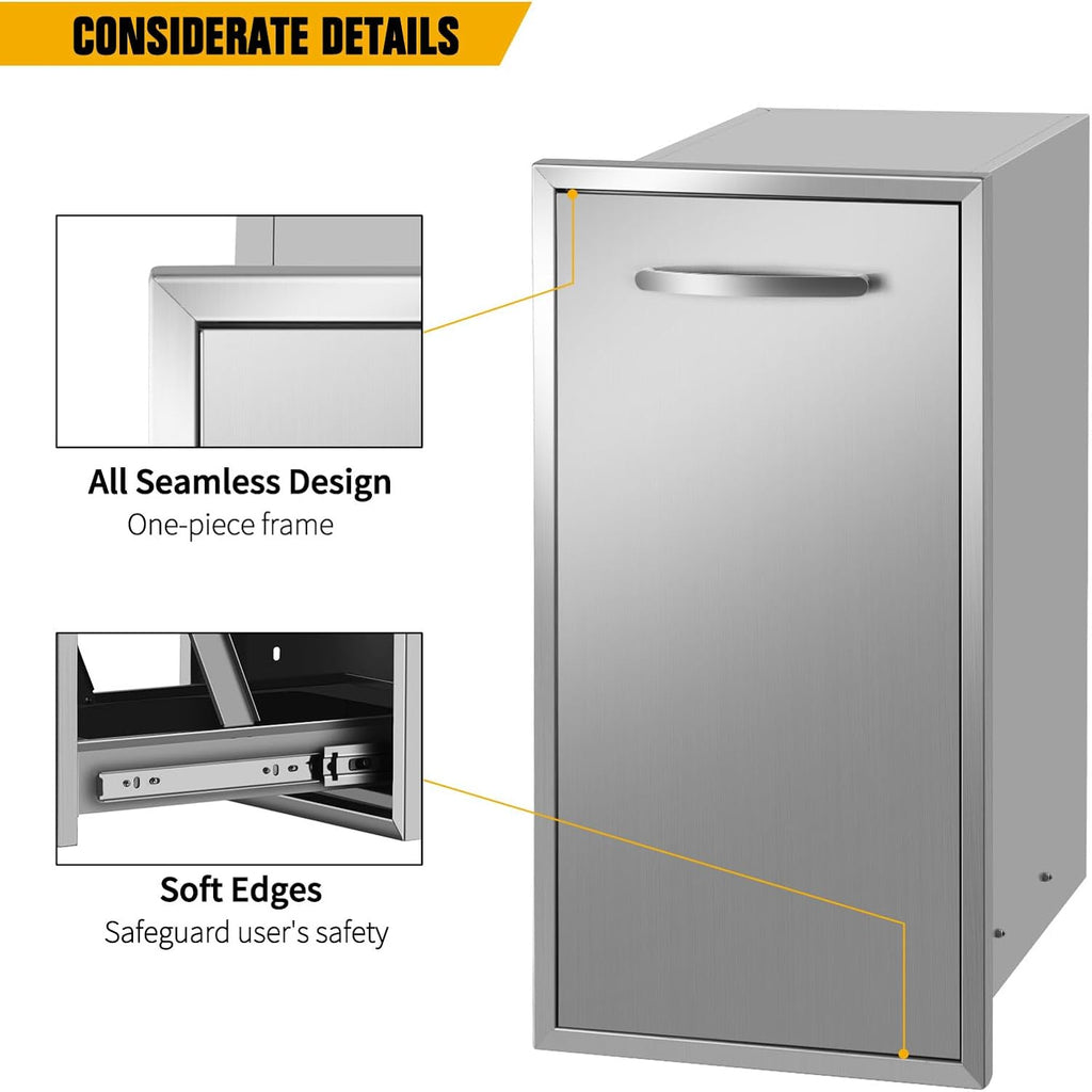 13.4''Wx25.7''Hx19.6''D Pull-Out Trash Drawer, Pull-Out Tray Outdoor Kitchen Stainless Steel Built-in Trash Bin for BBQ Island Grill Station