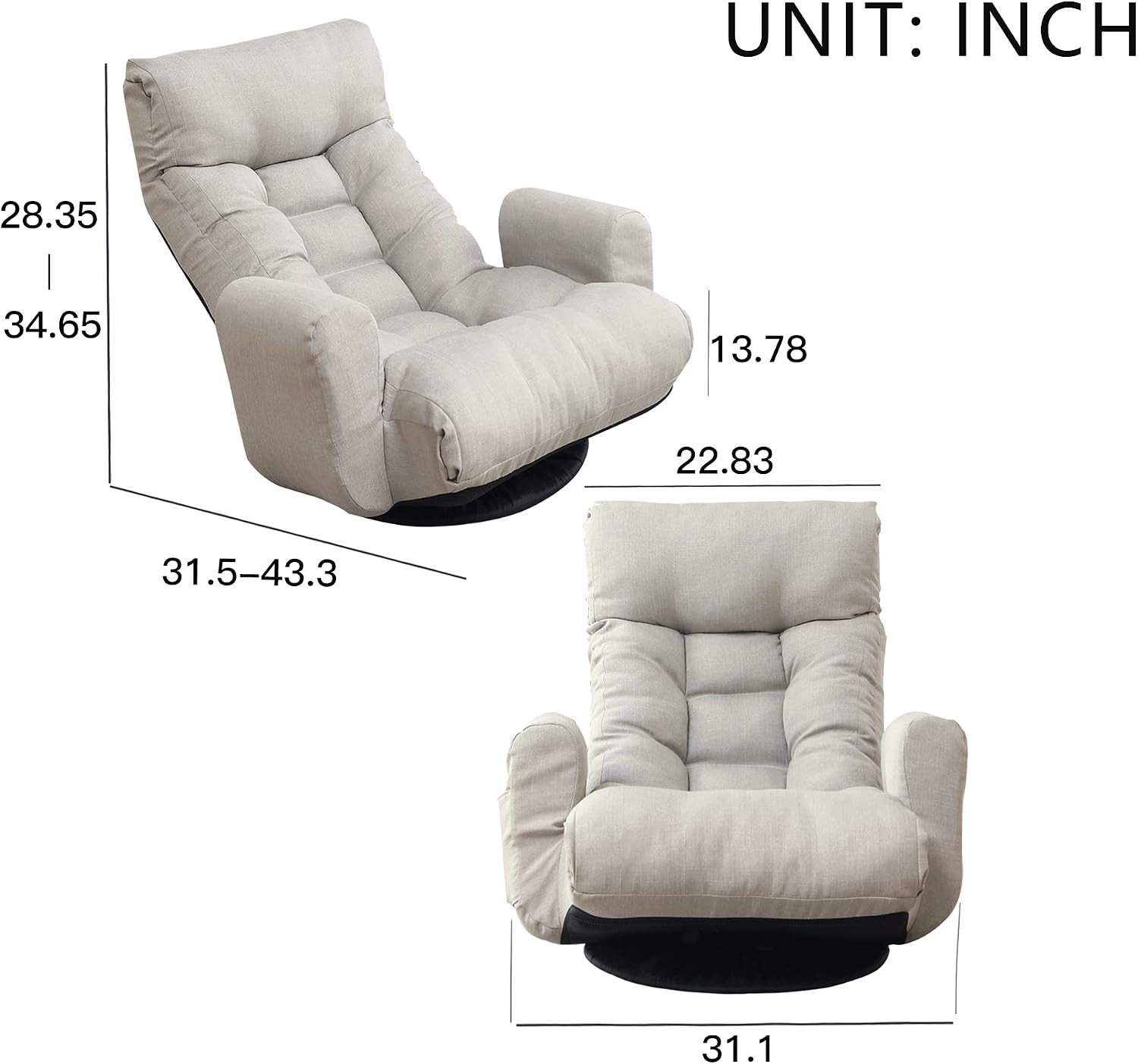 360° Swivel Floor Gaming Chair, Floor Chair, 14 Adjustable Head Segments 3 Waist Segments, Ergonomic Recliner for Gaming Reading Living Room, Includes Footrests (Beige)