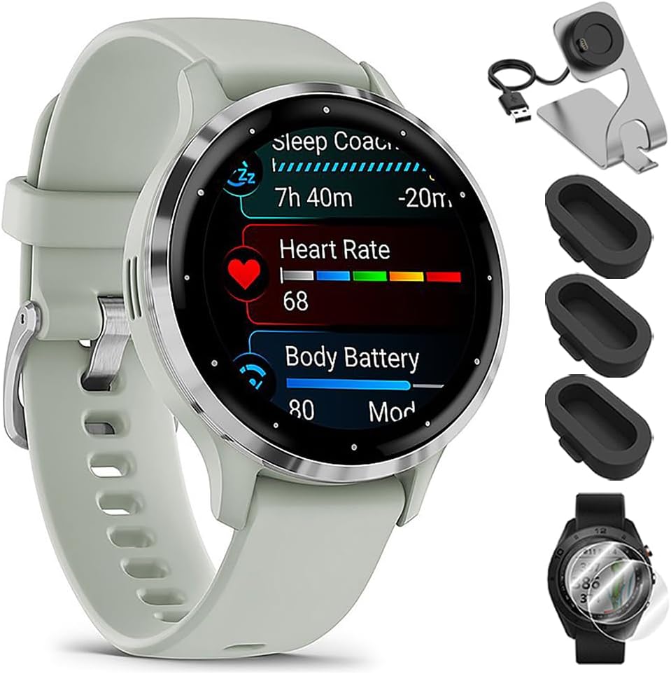 Garmin 010-02785-01 Venu 3S Health Fitness GPS Smartwatch Steel Bezel with Sage Gray Case 41mm Bundle with Deco Essentials Charging Dock, Dust Cover 3 Pack and 2-Pack Screen Protector