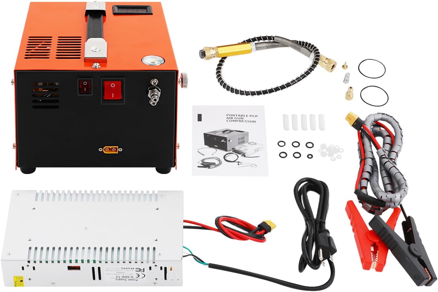 LOYALHEARTDY PCP Air Compressor 4500PSI/30Mpa High Pressure Air Compressor, 350W, Portable, Lightweight, Orange, With Built-in Cooling Fan, Auto Shutoff, For Paintball Airgun Rifle PCP Inflator