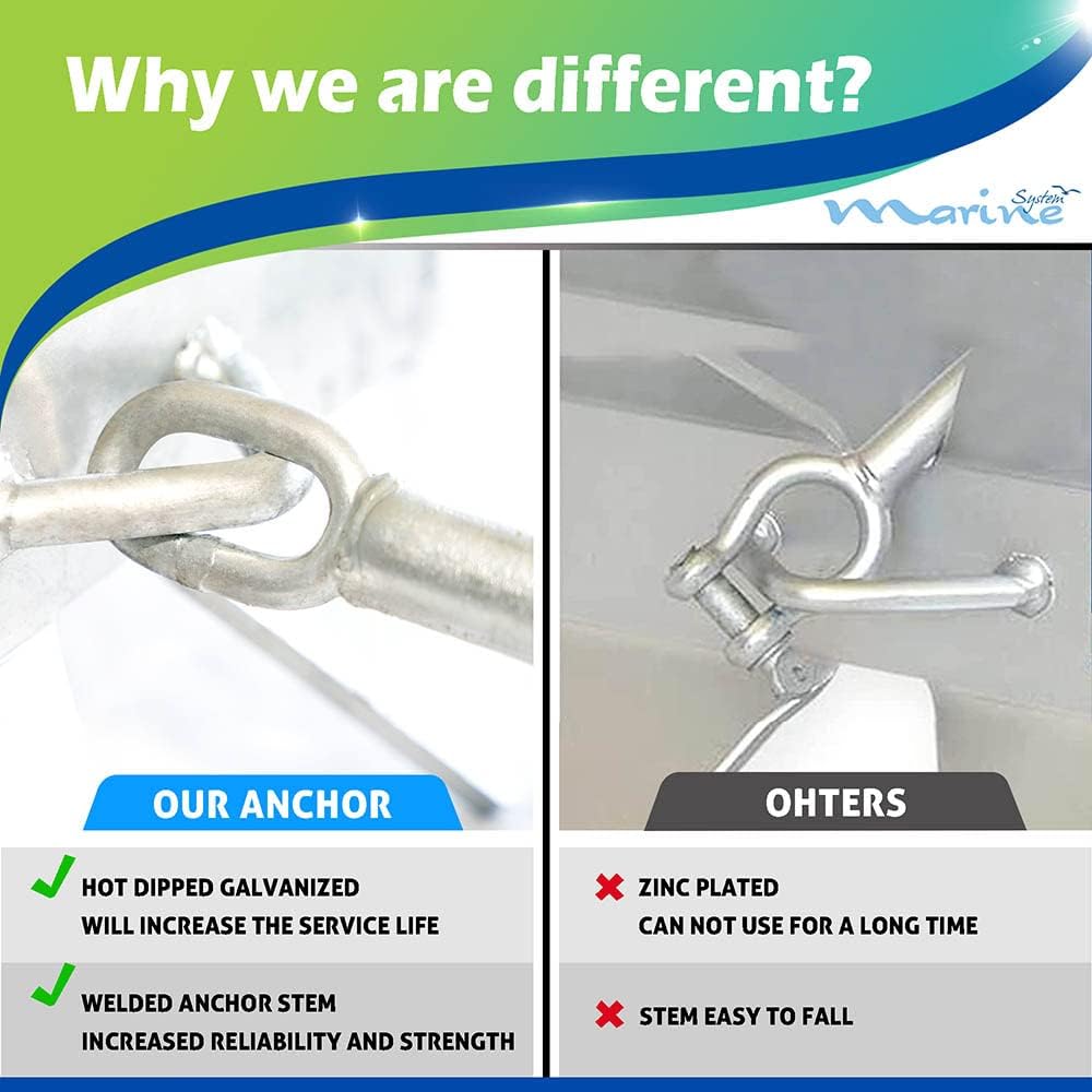 MARINE SYSTEM Galvanized Boat Folding Square Anchor Kit with 3/8 inch x 150 FT Rope and Shackle 13lb, 19lb, or 25 lb