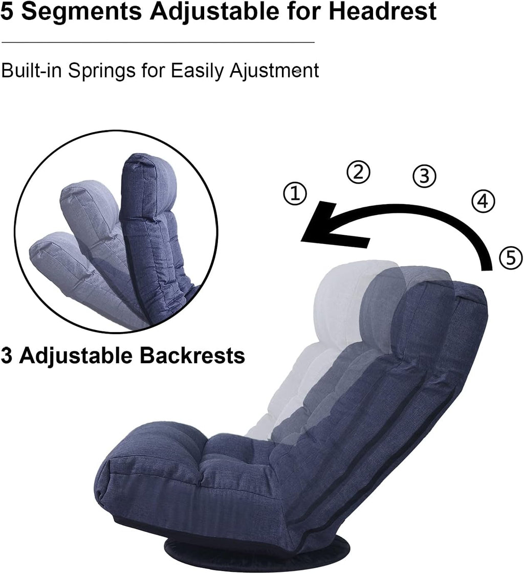SLEERWAY 360-Degree Swivel Gaming Chair, Foldable Floor Chair with Adjustable Backrest, Cushion Padded Indoor Chaise Lounge, Lazy Sofa Couch Rocker Gaming Chair for Teens and Adults (Navy Blue)