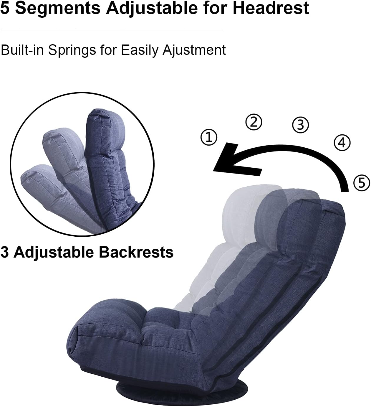 SLEERWAY 360-Degree Swivel Gaming Chair, Foldable Floor Chair with Adjustable Backrest, Cushion Padded Indoor Chaise Lounge, Lazy Sofa Couch Rocker Gaming Chair for Teens and Adults (Navy Blue)