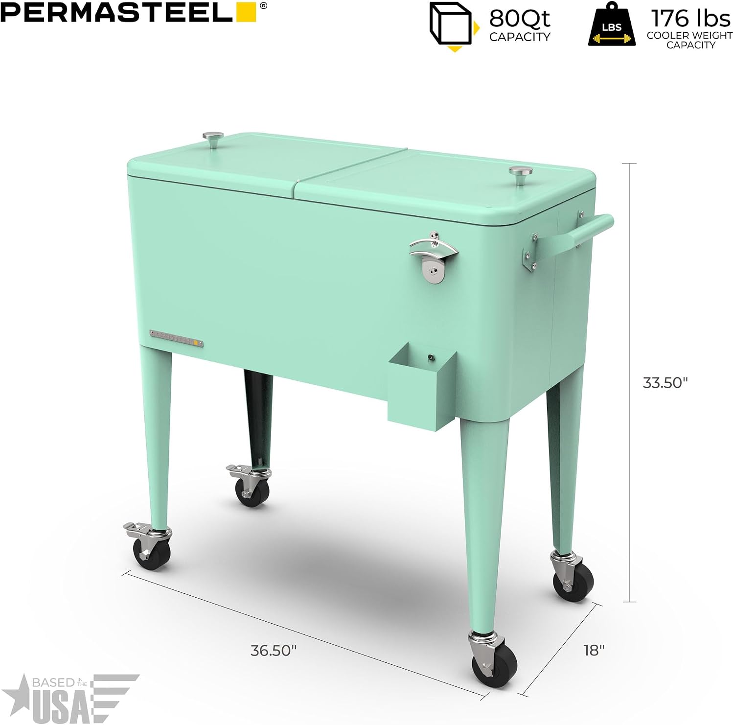 Permasteel 80-Qt Large Outdoor Patio Cooler with Wheels & Handles, Portable Rolling Hard Cooler for Outside, Retro Ice Cooler Cart, Beverage Can Coolers for Backyard Parties