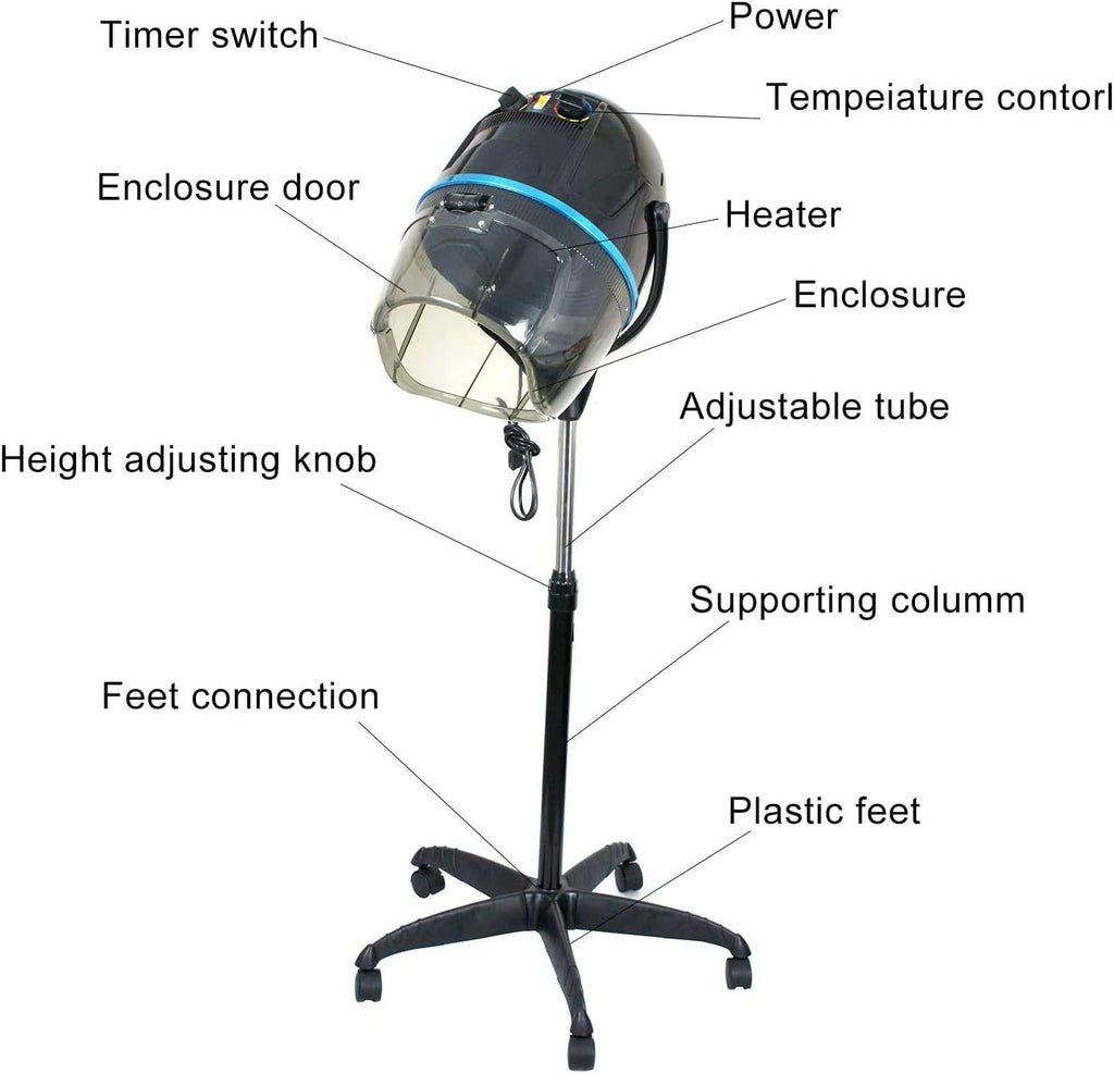 JupiterForce Professional Hooded Floor Hair Dryer 1300W Adjustable Stand Up Bonnet Hair Dryer with Rolling Wheels for Home Salon Spa Beauty Equipment, Black